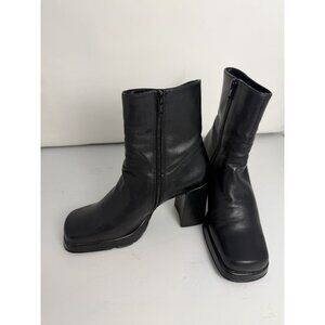 NINE WEST PLATFORM LEATHER BLACK ANKLE BOOTS FRANKIA SQUARE TOE SZ 7M 3.5" HEEL